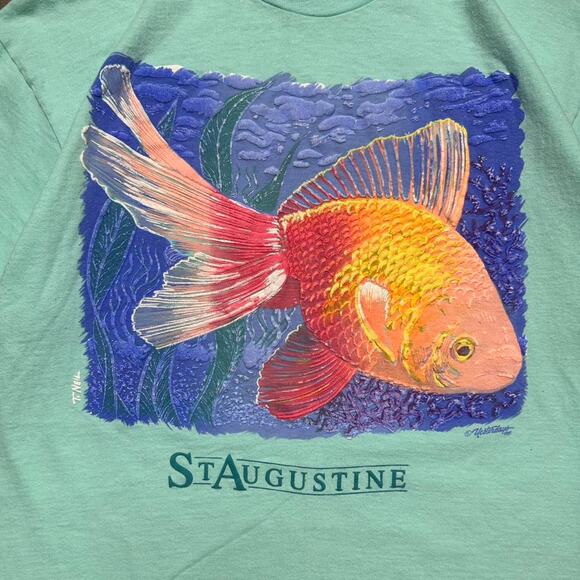 Vintage 90s Single Stitch Goldfish Tee Large Blue Fish Animal Nature Print Shirt - Picture 2 of 4